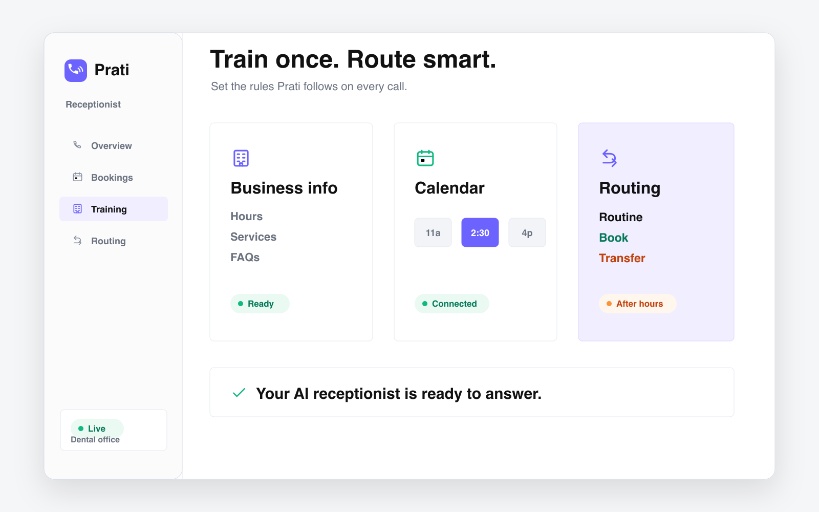 Prati training and routing dashboard showing call routing rules and escalation settings